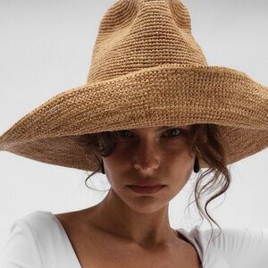 Janessa Leone Waverly Wide-Brim Straw Sun Hat in Natural Tan